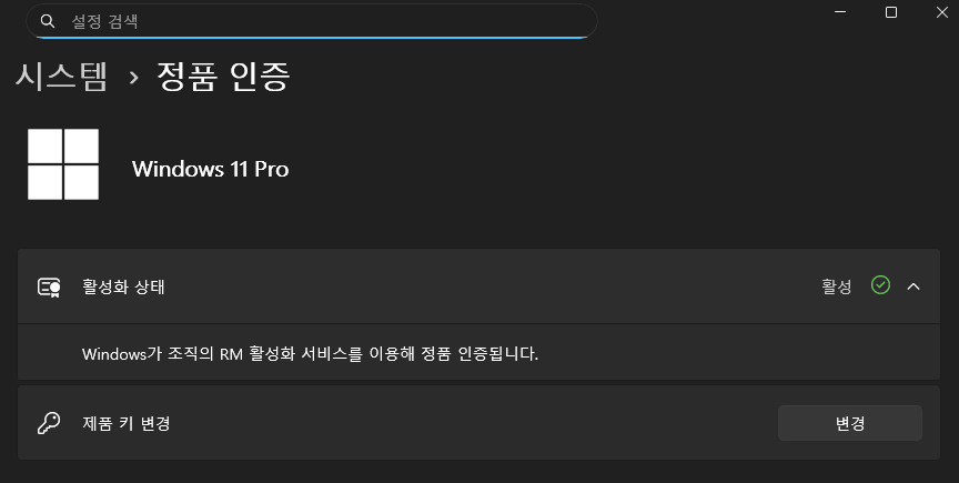 윈도우 11 정품 인증 완료 확인 화면